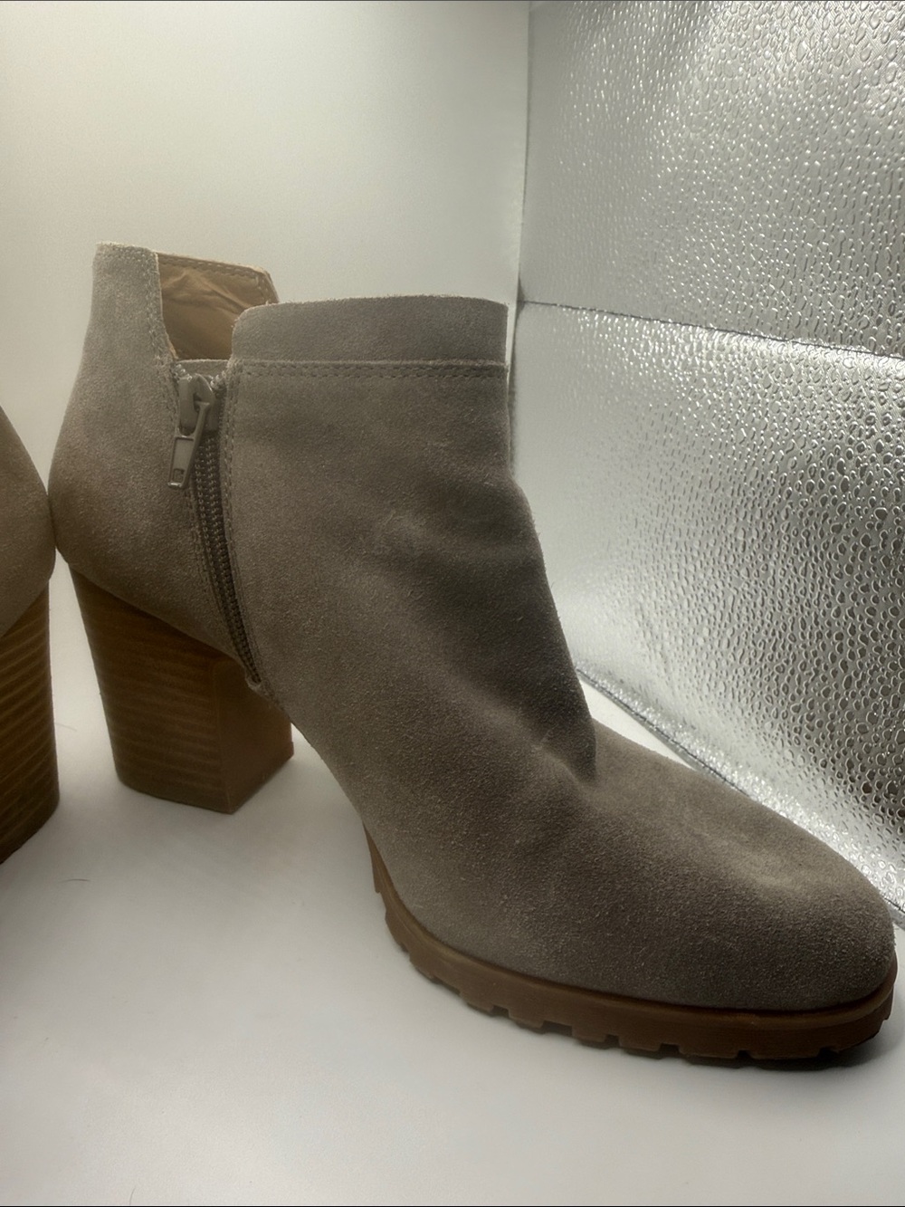 Lucky Brand Taupe Suede Ankle Bootie with Block Heel
